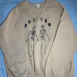 Tilly's Tan Crewneck Sweatshirt with Black Skeleton & Moon Phases